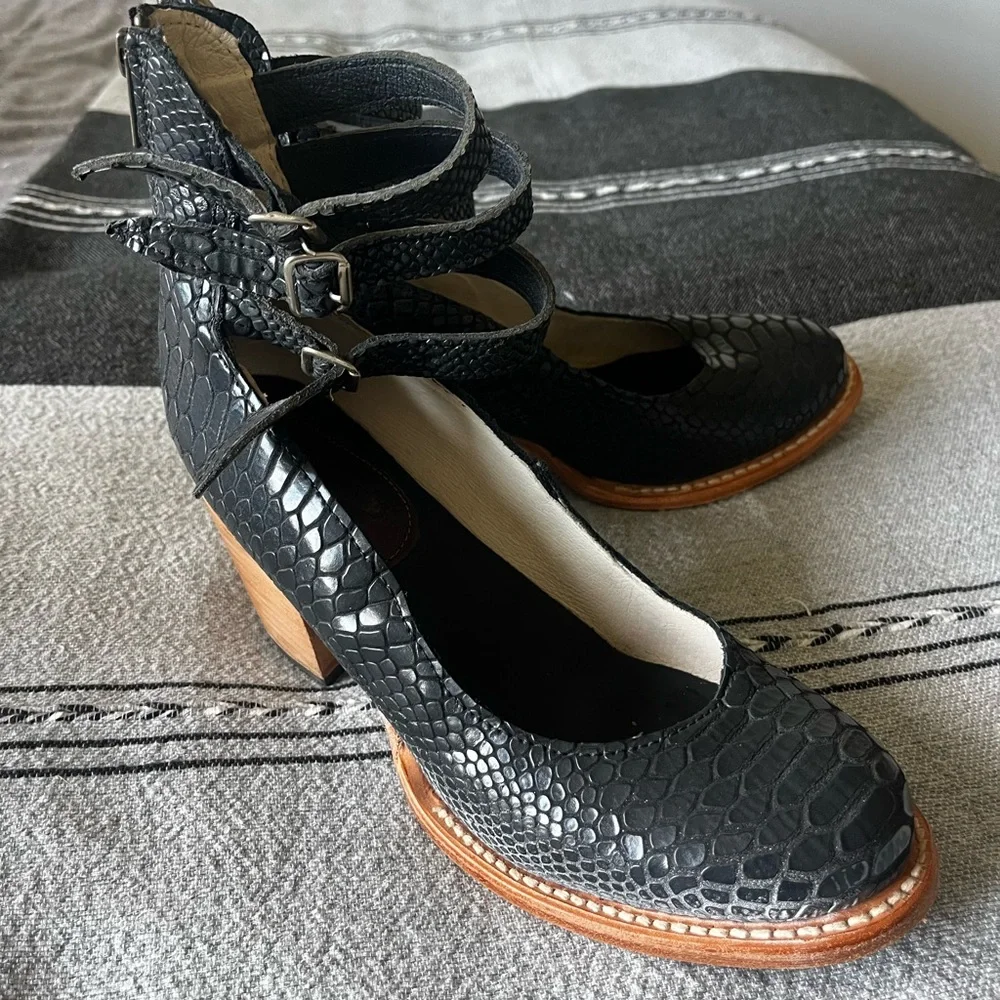 Freebird by Steven Black Faux-Snakeskin Ankle Wrap Block Heels - Picture 4 of 8